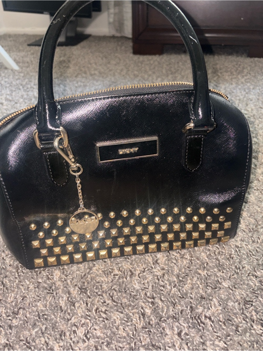 DKNY Black Dome Satchel with Gold Stud Detailing